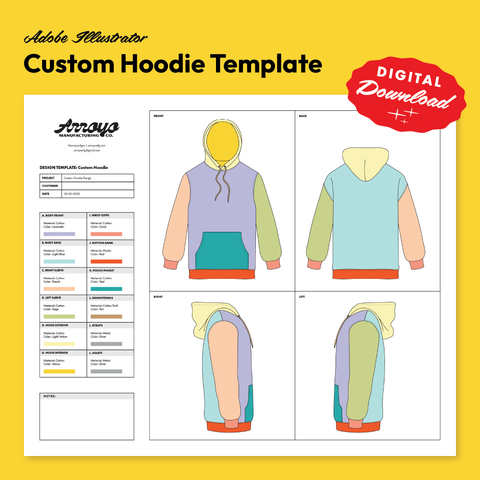 Custom Hoodie Template - Sweatshirt Tech Sheet, Digital Download, Vector Mock Up, Adobe Illustrator