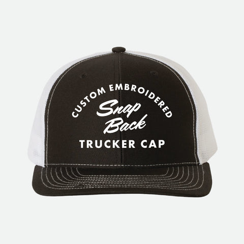 Custom Embroidered Snapback Trucker Hat - Black and white trucker cap with embroidered text on a white background