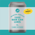 A digital mockup of a silver beer can with a white label template featuring teal text and a yellow badge that says 'For Adobe'.