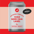 A digital mockup of a 12oz beer can label template, featuring a white label with red text and a red circular logo on a gray can body. The background is a bold red and light peach horizontal split.
