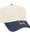 Two-tone natural and navy cap on a white background