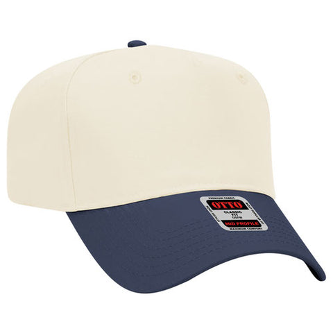 Two-tone natural and navy cap on a white background