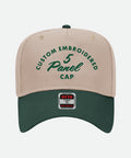 Beige and green cap with 'Custom Embroidered 5 Panel Cap' text on a white background