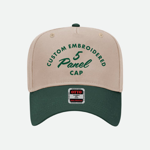 Beige and green cap with 'Custom Embroidered 5 Panel Cap' text on a white background