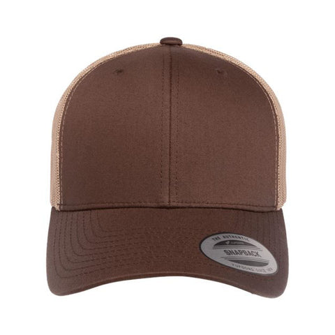 Brown and khaki trucker cap on a white background