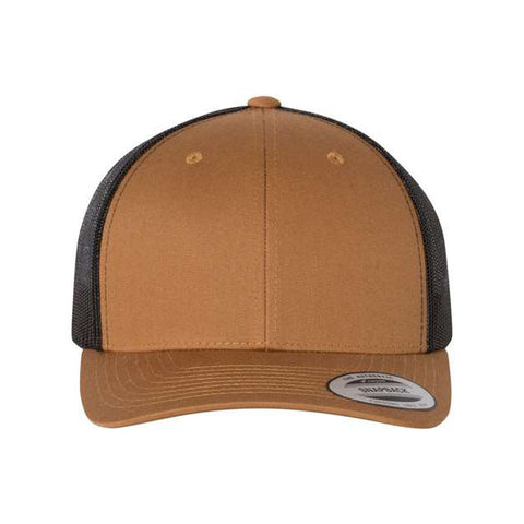 Caramel and black trucker cap on a white background