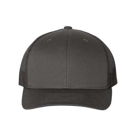 Charcoal and black trucker cap on a white background