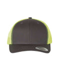 Charcoal and neon green trucker cap on a white background