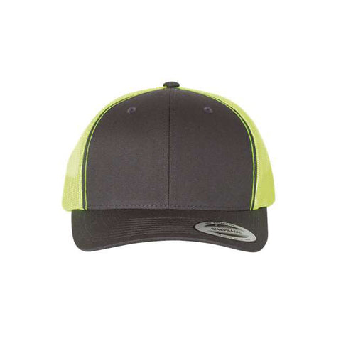 Charcoal and neon green trucker cap on a white background
