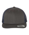 Charcoal and navy trucker cap on a white background