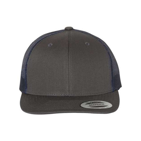 Charcoal and navy trucker cap on a white background