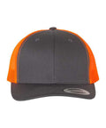Charcoal and neon orange trucker cap on a white background