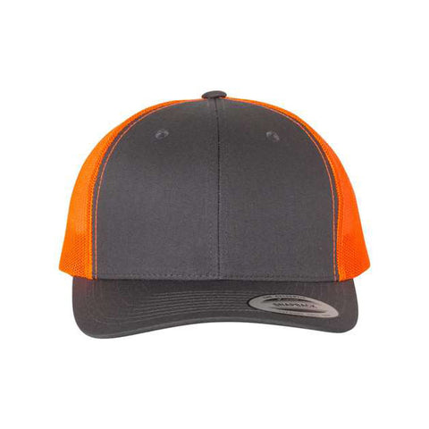 Charcoal and neon orange trucker cap on a white background