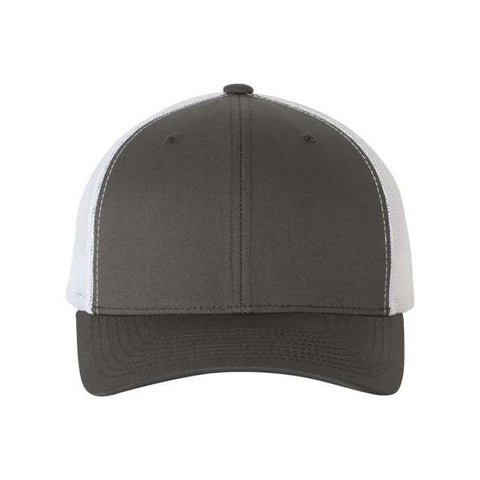 Charcoal and white trucker cap on a white background