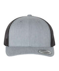 Heather gray and black trucker cap on a white background