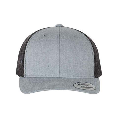Heather gray and black trucker cap on a white background