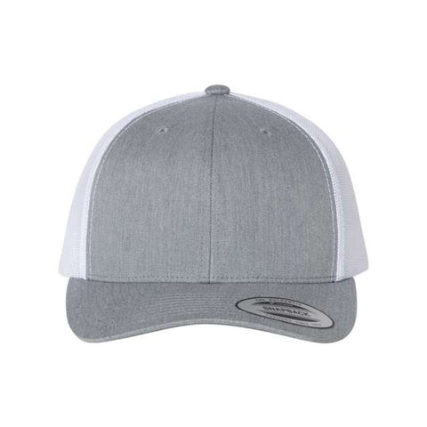 Heather gray and white trucker cap on a white background