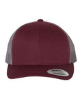 Maroon and grey trucker cap on a white background