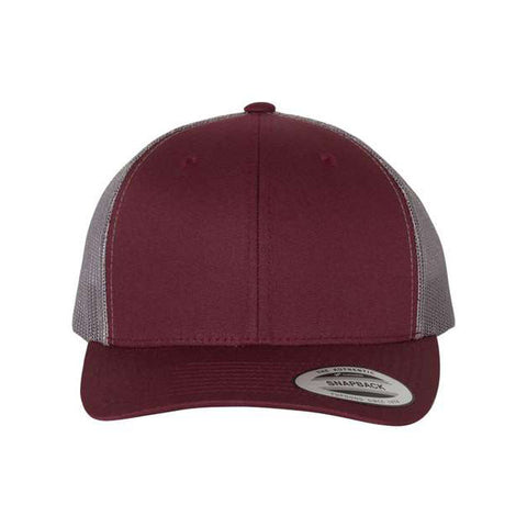 Maroon and grey trucker cap on a white background