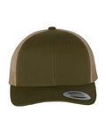 Moss green and khaki trucker cap on a white background