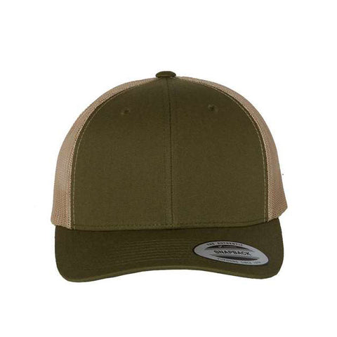 Moss green and khaki trucker cap on a white background