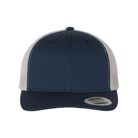 Navy and silver trucker cap on a white background