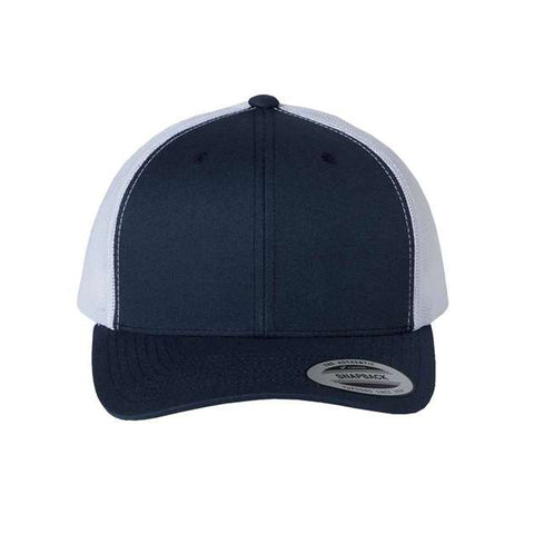 Navy and white trucker cap on a white background