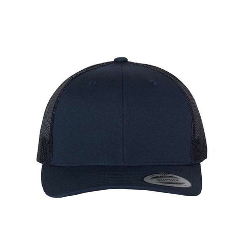 Navy blue trucker cap on a white background