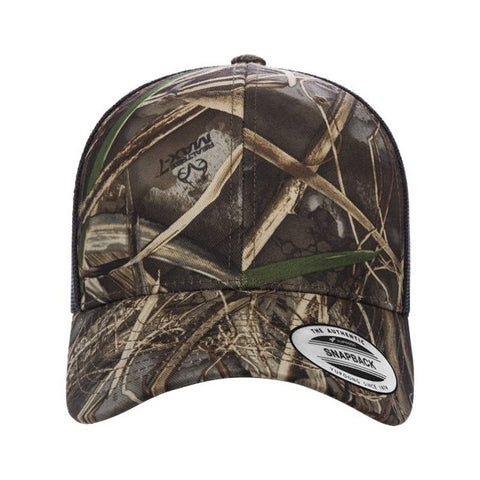 Dark camo trucker cap on a white background