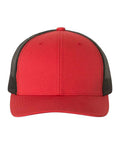 Red and black trucker cap on a white background