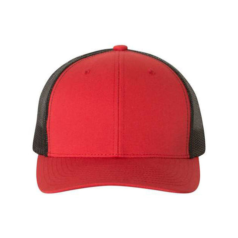 Red and black trucker cap on a white background
