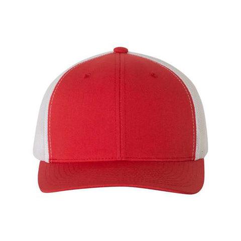 Red and white trucker cap on a white background