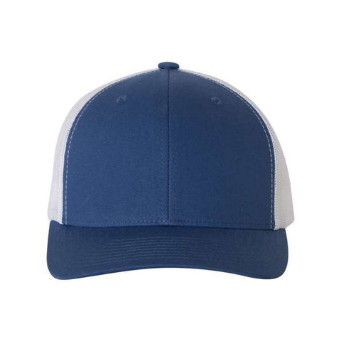 Royal blue and white trucker cap on a white background