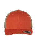 Dark orange and khaki trucker cap on a white background