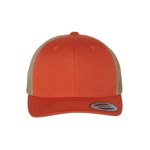 Dark orange and khaki trucker cap on a white background