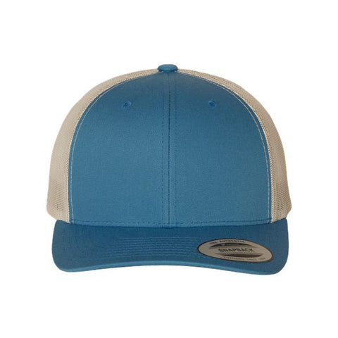 Blue and silver trucker cap on a white background