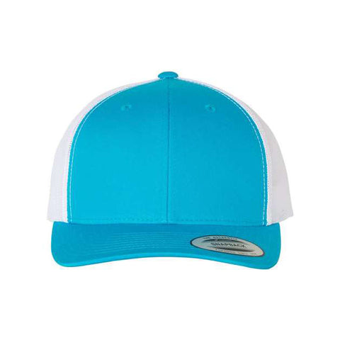Turquoise and white trucker cap on a white background