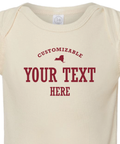 Detail shot of the collegiate style baby onesie that reads "customizable your text here"