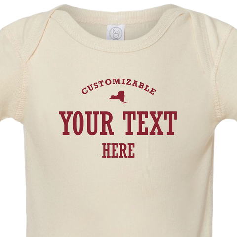 Detail shot of the collegiate style baby onesie that reads "customizable your text here"