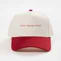 Red and beige cap with 'your design here' text on a white background