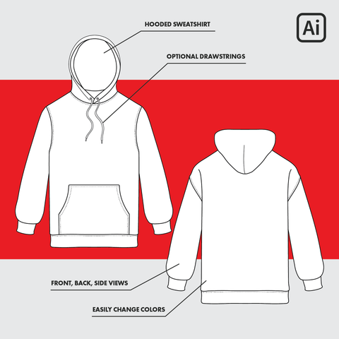 Custom Hoodie Template - Sweatshirt Tech Sheet, Digital Download, Vector Mock Up, Adobe Illustrator