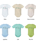6 of the colors available for the custom baby onesie handwritten style