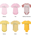 6 of the colors available for the custom baby onesie handwritten style