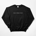Black sweatshirt with 'your design here' text on a white background
