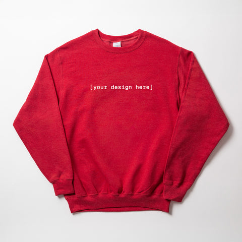 Red sweatshirt with 'your design here' text on a white background