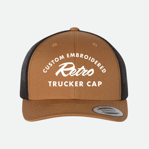 Custom Embroidered Retro Trucker Cap - Brown and black trucker cap with white text on a light gray background