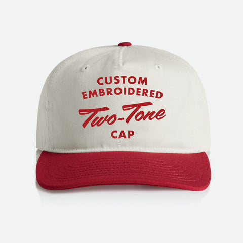 Custom Embroidered Two-Tone Hat - Two-tone red and white cap with embroidered red words on a white background